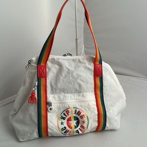 Kipling Art Medium Pride alabaster white multicolor logo rainbow strap tote bag
